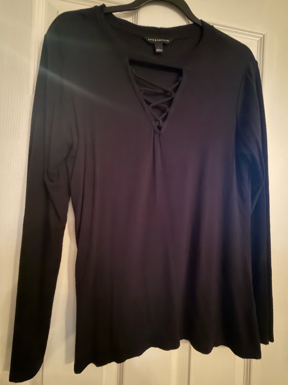 Rock & Republic Black Lace-Up V-Neck Long Sleeve Top